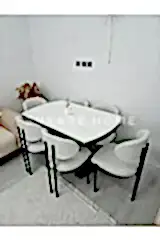 X Ayaklı Gloss Masa Teddy Kumaş Badem Sandalye, Açılır Mdf Masa Takımı 6 Kişilik