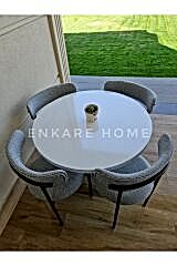 Enkare Elisa Yuvarlak Masa Sandalye Takımı, 4 Kişilik Mdf Yuvarlak Beyaz Mutfak Masası, 4 Adet Gri Sandalye 90*90