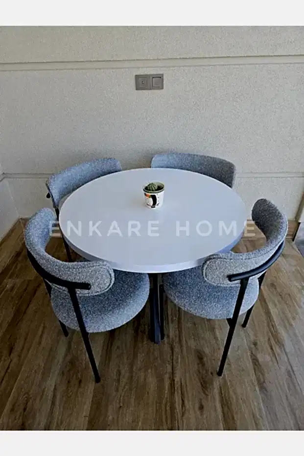 Enkare Elisa Yuvarlak Masa Sandalye Takımı, 4 Kişilik Mdf Yuvarlak Beyaz Mutfak Masası, 4 Adet Gri Sandalye 90*90
