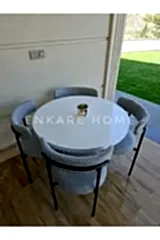 Enkare Elisa Yuvarlak Masa Sandalye Takımı, 4 Kişilik Mdf Yuvarlak Beyaz Mutfak Masası, 4 Adet Gri Sandalye 90*90